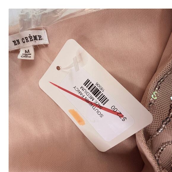 NEW En Creme Mini Robe WRAP DRESS & BELT Silver Sequin Fringe Women's MED Nude - Picture 7 of 13